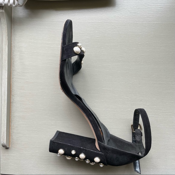 Stuart Weitzman black suade block heel w/ pearl white gold details in size 9.5 - Picture 12 of 16